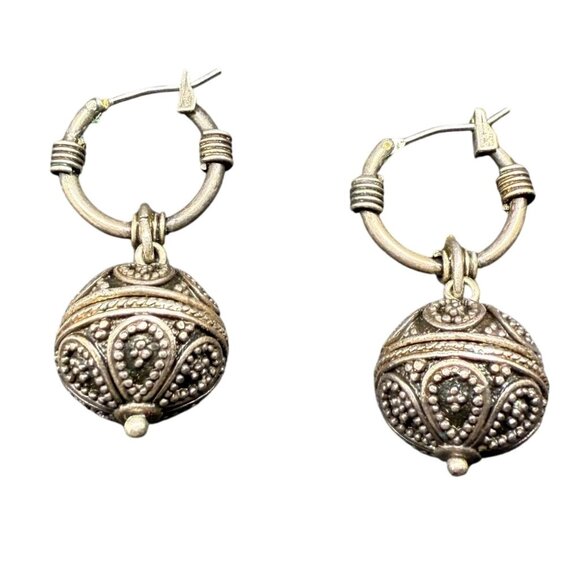 VTG Bali Granulation Bead Dangle Drop Earrings Silver Tone Ethnic Retro - Picture 1 of 5